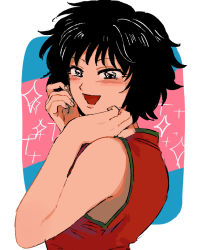Rule 34 | 1girl, :d, bare arms, bare shoulders, black hair, blush, commentary, commentary request, dress, eyebrows hidden by hair, open mouth, red dress, rin (toriko), short hair, simple background, smile, solo, sparkle, toriko (series), xxharomikanxx