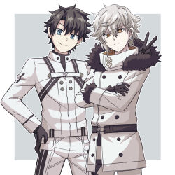 Rule 34 | 2boys, black gloves, black hair, blue eyes, closed mouth, crossed arms, ear piercing, fate/grand order, fate (series), frown, fujimaru ritsuka (male), fujimaru ritsuka (male) (decisive battle chaldea uniform), gloves, hand on own hip, highres, jacket, kadoc zemlupus, long sleeves, looking at viewer, multiple boys, pants, piercing, short hair, simple background, smile, v, white hair, woodenmosaic, yellow eyes