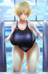 Rule 34 | 1girl, :o, absurdres, bare shoulders, blonde hair, blue eyes, blue sky, blue one-piece swimsuit, blush, breasts, collarbone, competition swimsuit, girls&#039; frontline, guchagucha, highres, large breasts, looking at viewer, mole, mole under eye, one-piece swimsuit, open mouth, pool, short hair, sky, solo, standing, swimsuit, thighs, vsk-94 (girls&#039; frontline), window