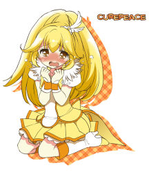 Rule 34 | 10s, 1girl, blonde hair, character name, cure peace, full body, hair flaps, kise yayoi, kneeling, long hair, looking at viewer, magical girl, mozuya murasaki, precure, profile, ribbon, simple background, skirt, smile precure!, solo, tears, white background, wide ponytail, yellow eyes, yellow skirt, yellow theme