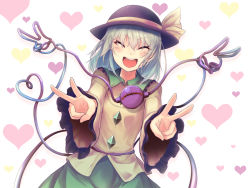 Rule 34 | 1girl, :d, ^ ^, bad id, bad pixiv id, black hat, closed eyes, commentary request, cowboy shot, double v, ears visible through hair, eyeball, facing viewer, foreshortening, frilled shirt collar, frilled sleeves, frills, green skirt, hat, hat ribbon, heart, heart background, heart of string, highres, komeiji koishi, long sleeves, looking at viewer, nekomiyanono, open mouth, quadruple v, ribbon, shirt, silver hair, skirt, smile, solo, third eye, touhou, v, v of string, wide sleeves, yellow ribbon, yellow shirt