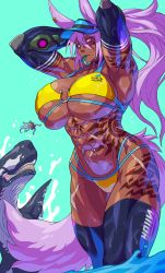 Rule 34 | 1boy, 1girl, abs, absurdres, adjusting hair, animal ears, arm behind head, armpits, arms up, bikini, black choker, black thighhighs, blue background, body markings, breasts, choker, cleavage, collarbone, commentary request, covered erect nipples, cowboy shot, curvy, dantera rina, dark-skinned female, dark skin, denim, denim shorts, elbow gloves, float, fox ears, fox girl, fox tail, gauntlets, gloves, glowing, glowing eyes, hair between eyes, hat, highres, huge breasts, hutago, in mouth, large breasts, long hair, looking at viewer, midriff, muscular, muscular female, navel, navel piercing, nose, original, partially submerged, piercing, pink eyes, pink hair, ponytail, purple hair, scar, scar across eye, scar on face, shiny clothes, shiny skin, shorts, sidelocks, simple background, skin tight, skindentation, solo focus, sperm whale, standing, stomach, swimsuit, tail, tattoo, thick thighs, thighhighs, thighs, underboob, wading, walking, water, wet, whale, whale tail (clothing), white hair, wide hips, yellow bikini