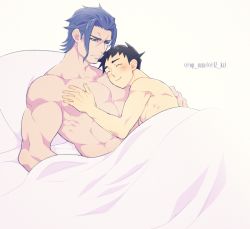 Rule 34 | 2boys, abs, ace attorney, aftersex, age difference, barok van zieks, bed, blanket, blush, lying, male focus, multiple boys, muscular, op suzu, pectorals, ryunosuke naruhodo, size difference, smile, yaoi