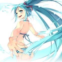 Rule 34 | 1girl, aqua eyes, aqua hair, bikini, btoor, hatsune miku, long hair, looking back, nail polish, open mouth, outstretched arms, solo, spread arms, striped bikini, striped clothes, swimsuit, twintails, very long hair, vocaloid