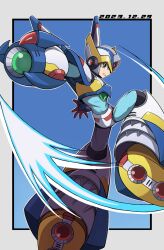 Rule 34 | 1boy, absurdres, aiming, aiming at viewer, arm cannon, armor, blue background, blue headwear, dated, falcon armor x (mega man), forehead jewel, from behind, gradient background, highres, looking at viewer, looking back, mega man (series), mega man x (series), shoyu-z, solo, weapon, white armor, white headwear, x (mega man)