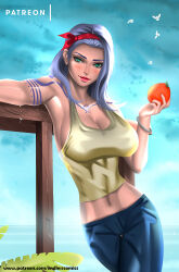 Rule 34 | 1girl, arm tattoo, artist name, bare arms, blue eyes, blush, bracelet, breasts, chest tattoo, cleavage, closed mouth, cloud, denim, evandro menezes (endlesscomics), food, fruit, green eyes, hairband, highres, jeans, jewelry, large breasts, lipstick, long hair, looking at viewer, makeup, nojiko, one piece, orange (fruit), pants, sky, smile, solo, tattoo, watermark, web address