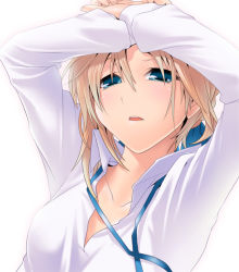 Rule 34 | 00s, 1girl, artoria pendragon (fate), blonde hair, blouse, blue eyes, fate/stay night, fate (series), green eyes, nilitsu, open clothes, open shirt, saber (fate), shirt, solo