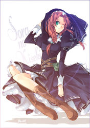 Rule 34 | 1girl, ;), arm up, belt, belt pouch, black border, black dress, blush, boots, border, breasts, brown footwear, closed mouth, copyright name, dress, eiyuu densetsu, falcom, frills, green eyes, hair tie, head tilt, heart, invisible chair, juliet sleeves, knee boots, long hair, long sleeves, looking at viewer, low twintails, medium breasts, no socks, one eye closed, parted bangs, pouch, puffy sleeves, ries argent, simple background, sitting, smile, sora no kiseki, twintails, veil, white background