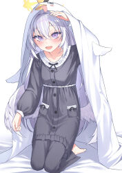 Rule 34 | 1girl, alternate costume, angel wings, azusa (blue archive), barefoot, black pajamas, blanket, blue archive, commentary, covering with blanket, crossed bangs, feathered wings, feet, halo, highres, kneeling, long hair, on bed, open mouth, pajamas, peroro (blue archive), purple eyes, sidelocks, smile, solo, toes, tyobis., under covers, very long hair, white hair, wings