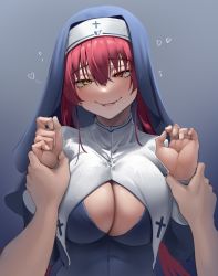 Rule 34 | 1girl, absurdres, alternate costume, breasts, cleavage, hair between eyes, harris hero, heterochromia, highres, holding another&#039;s wrist, hololive, houshou marine, houshou marine (nun), large breasts, long hair, looking at viewer, nun, red eyes, red hair, smile, solo focus, twintails, upper body, virtual youtuber, yellow eyes