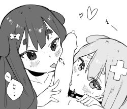 2girls blush cooperative_fellatio dog_girl fellatio hair_ornament heart highres inukai_purin licking licking_penis looking_at_viewer lucabassiart multiple_girls oral penis tsunderia una_(vtuber) virtual_youtuber