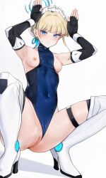 Rule 34 | 1boy, 1girl, armpits, arms up, bare shoulders, black gloves, black leotard, blonde hair, blue archive, blue eyes, blue leotard, blue ribbon, blush, boots, braid, breasts, bun cover, censored, cleft of venus, closed mouth, clothing aside, commentary request, covered navel, elbow gloves, embarrassed, fingerless gloves, french braid, gloves, hair bun, high heel boots, high heels, highleg, highleg leotard, highres, leotard, leotard aside, looking at viewer, maid headdress, mosaic censoring, nipples, onion (kumagaioyr), pussy, rabbit pose, ribbon, shadow, short hair, sleeveless turtleneck leotard, small breasts, squatting, sweatdrop, thigh boots, thighs, toki (blue archive), tsurime, two-tone leotard, white background, white footwear