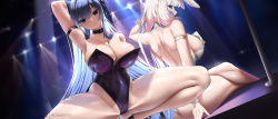 Rule 34 | 2girls, animal ears, arm up, armband, armpits, ass, azur lane, bare back, bare hips, bare legs, bare shoulders, blue eyes, blue hair, bow legged, braid, breasts, cameltoe, choker, cleavage, cleft of venus, collar, crossed legs, fake animal ears, fouriasensei, from behind, highres, illustrious (azur lane), large breasts, leotard, looking at viewer, looking to the side, multiple girls, naughty face, navel, new jersey (azur lane), playboy bunny, pole, pole dancing, rabbit ears, seductive smile, sideboob, skin tight, skindentation, smile, spread legs, squatting, stripper, stripper pole, thick thighs, thighs, white hair