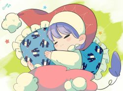 Rule 34 | 1girl, blanket, blue hair, blush, chibi, closed mouth, commentary, doremy sweet, facing viewer, frilled pillow, frills, hat, hugging object, long sleeves, nightcap, pillow, pillow hug, pom pom (clothes), red hat, rune066, shirt, short hair, sleeping, solo, star (symbol), tail, tapir print, touhou, twitter username, upper body, white shirt