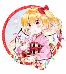 Rule 34 | 1girl, ahoge, alternate costume, blonde hair, blush, boar, bowl, chibi, chinese zodiac, chopsticks, commentary request, cropped torso, crossed bangs, eating, eyes visible through hair, flandre scarlet, floral background, food, framed, gem, gradient background, gradient eyes, hair ribbon, heart, highres, holding, holding bowl, holding chopsticks, japanese clothes, kimono, long sleeves, looking away, miso soup, mochi, multicolored eyes, obi, one side up, out of frame, outside border, pink kimono, red ribbon, ribbon, sash, short hair, solo, tareme, touhou, upper body, wide sleeves, wings, year of the pig, yurara (aroma42enola)