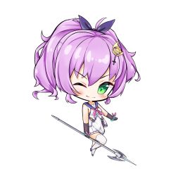 Rule 34 | 1girl, ;), azur lane, big head, black gloves, blue footwear, blush, breasts, chibi, crown, elbow gloves, gloves, green eyes, hair between eyes, hair ornament, hair ribbon, head tilt, highres, holding, holding javelin, javelin, javelin (azur lane), limitlimlim, looking at viewer, mini crown, name connection, object namesake, one eye closed, pleated skirt, ponytail, purple hair, purple ribbon, purple sailor collar, remodel (azur lane), ribbon, sailor collar, shirt, simple background, skirt, sleeveless, sleeveless shirt, small breasts, smile, solo, thighhighs, tilted headwear, v-shaped eyebrows, white background, white shirt, white skirt, white thighhighs