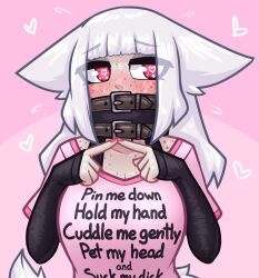 Rule 34 | 1girl, animal ears, blunt bangs, breasts, collar, commentary, english commentary, english text, flying sweatdrops, freckles, grey hair, heart, heart-shaped pupils, highres, implied futanari, large breasts, limebreaker, meme attire, original, pink background, profanity, shirt, simple background, solo, symbol-shaped pupils, tail, upper body