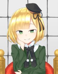 Rule 34 | 1girl, aged down, beret, black hat, black ribbon, blonde hair, commentary request, dress, eyebrows hidden by hair, fate (series), green dress, grin, hair ribbon, hand on own face, hand up, hat, long sleeves, looking at viewer, lord el-melloi ii case files, mini hat, nenosame, reines el-melloi archisorte, ribbon, short hair, smile, solo, tilted headwear, upper body