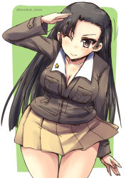 Rule 34 | 10s, 1girl, ;), asymmetrical bangs, black hair, blush, breasts, brown eyes, cleavage, cowboy shot, girls und panzer, jacket, large breasts, long hair, looking at viewer, nishi kinuyo, one eye closed, outside border, pleated skirt, salute, shinshin, skirt, smile, solo, standing, twitter username