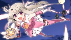 Rule 34 | 3girls, ankle wings, boots, chibi, chibi inset, cross, detached sleeves, falling, fate/kaleid liner prisma illya, fate (series), feather hair ornament, feathers, flying, full moon, gloves, hair ornament, highres, illyasviel von einzbern, ishida akira, long hair, luviagelita edelfelt, magical girl, magical ruby, moon, multiple girls, official art, open mouth, prisma illya, red eyes, solo focus, thigh boots, thighhighs, tohsaka rin, wand, white gloves, wings