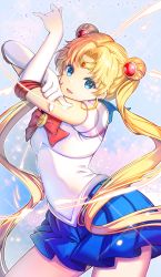 Rule 34 | 1girl, bishoujo senshi sailor moon, blonde hair, blue eyes, blue sailor collar, blue skirt, bow, choker, crescent, double bun, earrings, elbow gloves, gloves, hair bun, hair ornament, heart, heart choker, highres, jewelry, long hair, looking at viewer, red bow, red choker, sailor collar, sailor moon, sailor senshi, sailor senshi uniform, skirt, smile, solo, tiara, tsukino usagi, twintails, umipro, white gloves