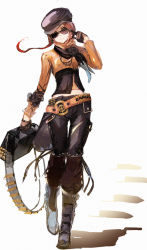 Rule 34 | 1girl, ammunition belt, bandolier, belt, beret, black scarf, boots, brown hair, coco adel, full body, hat, jewelry, midriff, necklace, orange shirt, pants, red hair, rwby, scarf, shadow, shirt, so-bin, solo, suitcase, sunglasses, white background