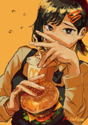 Rule 34 | 1girl, apron, artist name, black eyes, blouse, burger, chainsaw man, collared shirt, covering face, cup, disposable cup, drinking straw, food, higashiyama kobeni, highres, holding, holding food, kazakami suito, lettuce, looking at viewer, mcdonald&#039;s, mole, mole under eye, multiple moles, nervous, shirt, sliced cheese, solo, sweatdrop, tomato, waitress, white shirt, yellow background