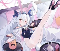Rule 34 | 1girl, :&lt;, absurdres, animal ear hairband, animal ears, azur lane, black footwear, blue bow, blue hairband, blue leotard, bow, breasts, cocktail, commentary, fake animal ears, fake tail, fine fabric emphasis, grey hair, hair between eyes, hair bow, hairband, high heels, highleg, highleg leotard, highres, holding, holding tray, laffey (azur lane), laffey ii (azur lane), laffey ii (sleepy on a busy day) (azur lane), legs, legs up, leotard, long hair, long legs, looking at viewer, low twintails, lying, manjuu (azur lane), official alternate costume, on back, pantyhose, rabbit ears, rabbit tail, red eyes, small breasts, solo, tail, thighband pantyhose, tray, triangle mouth, twintails, very long hair, white pantyhose, yuhezi