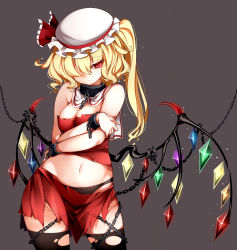 Rule 34 | 1girl, absurdres, bare shoulders, black panties, black thighhighs, blonde hair, breasts, broken, broken chain, capelet, chain, chained, cleavage, collar, commentary, cowboy shot, crystal, flandre scarlet, grey background, hair over one eye, hat, highres, long hair, medium breasts, metal collar, mob cap, navel, one side up, panties, raptor7, red eyes, red shirt, red skirt, see-through, shirt, simple background, skirt, solo, stomach, thighhighs, torn clothes, torn skirt, torn thighhighs, touhou, underwear, wings
