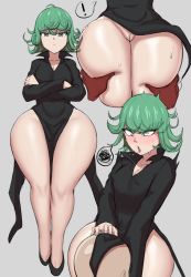 Rule 34 | !, 1boy, 1girl, absurdres, ass, ass grab, ass squeeze, aura, bare legs, black dress, breasts, covered erect nipples, covered navel, crossed arms, cunnilingus, curly hair, curvy, dress, expressionless, female orgasm, full body, green eyes, green hair, greyimpaction, hetero, highres, huge ass, matching hair/eyes, moaning, multiple views, no panties, one-punch man, oral, orgasm, pelvic curtain, serious, shiny skin, short hair, simple background, small breasts, speech bubble, standing, sweat, tatsumaki, thick thighs, thighs, wide hips