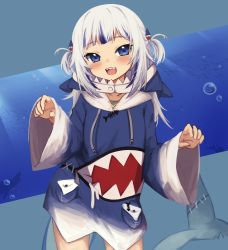 Rule 34 | 1girl, :d, absurdres, animal costume, animal hood, blue eyes, blue hair, blush, bubble, collarbone, commentary, english commentary, fins, fish, fish tail, gawr gura, gawr gura (1st costume), hair ornament, head tilt, highres, hololive, hololive english, hood, huge filesize, klaius, looking at viewer, open mouth, shark costume, shark hair ornament, shark hood, shark print, shark tail, sharp teeth, silhouette, sleeves past wrists, smile, solo, standing, symbol-only commentary, tail, teeth, two side up, virtual youtuber, water, white hair, wide sleeves