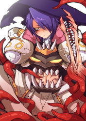 Rule 34 | 1boy, body horror, claws, commentary request, cowboy shot, emon-yu, extra mouth, genetic (ragnarok online), hair between eyes, hair over one eye, hat, living clothes, looking at viewer, male focus, midriff, navel, pants, purple hair, purple hat, ragnarok online, shiny skin, short hair, simple background, solo, teeth, tentacles, white background, white pants, witch hat, yellow eyes