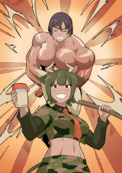 Rule 34 | 1boy, 1girl, abs, animal ears, aurochs (kemono friends), behind another, biceps, breast pocket, brown eyes, brown hair, camouflage, camouflage shirt, camouflage skirt, captain (kemono friends), closed eyes, collared shirt, commentary request, cow ears, cow girl, cow horns, cow tail, cup, dark-skinned female, dark skin, dotted background, empty eyes, facing viewer, flexing, green hair, grin, hair between eyes, highres, holding, holding cup, holding weapon, horizontal pupils, horn lance, horns, kawanami eito, kemono friends, kemono friends 3, large pectorals, layered sleeves, light blush, linea alba, long sleeves, looking at viewer, midriff, muscular, muscular male, navel, necktie, parted bangs, pectorals, pocket, red necktie, shiny skin, shirt, short over long sleeves, short sleeves, skirt, smile, stomach, tail, tan, teeth, toned, topless male, v-shaped eyebrows, weapon, wing collar