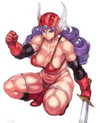 Rule 34 | armor, bikini, bikini armor, black socks, breasts, cleavage, dragon quest, dragon quest iii, elbow gloves, full body, gloves, hair between eyes, helmet, holding, holding sword, holding weapon, kneehighs, muscular, muscular female, purple hair, red armor, red bikini, shu-mai, simple background, socks, soldier (dq3), solo, square enix, swimsuit, sword, thigh strap, thighs, v-shaped eyebrows, weapon, white background, winged helmet