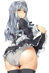 Rule 34 | 1girl, ass, black thighhighs, clenched teeth, clothes lift, dress, dress lift, idolmaster, idolmaster (classic), long hair, looking at viewer, looking back, maid, maid headdress, panties, red eyes, shijou takane, silver hair, simple background, skirt, skirt lift, solo, tears, teeth, thighhighs, tuxedo de cat, underwear, white background, white panties