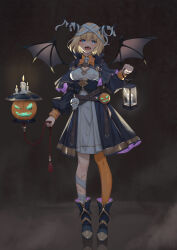 Rule 34 | 1girl, absurdres, ankle boots, asymmetrical legwear, bandaged head, bandaged horn, bandaged leg, bandages, bat wings, belt, black background, black dress, blonde hair, blood drip, blood on mouth, blue eyes, blue footwear, blush, boots, breasts, brown dust 2, calder (pixiv3698273), candle, candlelight, cleavage cutout, clothing cutout, demon girl, demon horns, dress, eyebrows hidden by hair, fang, full body, hair between eyes, halloween, halloween costume, highres, holding, holding lantern, horns, justia (brown dust), lantern, lips, medium breasts, mirror, orange thighhighs, reflection, short hair, simple background, skull on head, smile, solo, stitches, thighhighs, white dress, wings