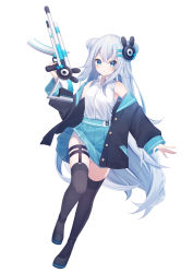 Rule 34 | 1girl, absurdres, bare shoulders, black footwear, black jacket, blue eyes, blue hair, blue sailor collar, blue skirt, breasts, collared shirt, double bun, dress shirt, full body, grey thighhighs, gun, hair between eyes, hair bun, hair ornament, hairclip, hand up, highres, holding, holding gun, holding weapon, jacket, long hair, long sleeves, looking at viewer, multicolored hair, off shoulder, open clothes, open jacket, original, pleated skirt, sailor collar, sapphire (sapphire25252), shirt, shoes, silver hair, simple background, skirt, sleeveless, sleeveless shirt, small breasts, solo, standing, standing on one leg, streaked hair, thighhighs, very long hair, virtual youtuber, weapon, white background, white shirt, wide sleeves