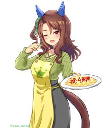 1girl animal_ears apron blush breasts brown_hair casual collarbone commentary_request food hair_ornament highres horse_girl housewife king_halo_(umamusume) long_hair looking_at_viewer medium_breasts omelet omurice one_eye_closed open_mouth plate red_eyes seki_(hyokosho) solo umamusume