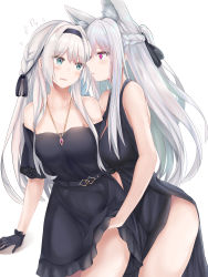 Rule 34 | 2girls, absurdres, ak-12 (girls&#039; frontline), an-94 (girls&#039; frontline), animal ear fluff, animal ears, arm support, bare arms, bare shoulders, belt, black dress, black gloves, black ribbon, blue eyes, blush, braid, breasts, collarbone, commentary request, cowboy shot, dress, flying sweatdrops, french braid, girls&#039; frontline, gloves, hair intakes, hair ribbon, hairband, hand under clothes, highres, jewelry, long hair, looking at another, medium breasts, multiple girls, necklace, off-shoulder dress, off shoulder, parted lips, profile, purple eyes, ribbon, ru zhai, side slit, sidelocks, silver hair, simple background, sleeveless, sleeveless dress, standing, thighs, wavy mouth, white background, yuri