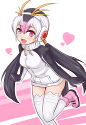 Rule 34 | 10s, 1girl, boots, headphones, highres, jacket, kemono friends, long hair, looking at viewer, multicolored hair, nam (valckiry), open mouth, pink footwear, purple eyes, red eyes, royal penguin (kemono friends), simple background, solo, tail, thighhighs, turtleneck, twintails, white thighhighs, zettai ryouiki