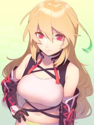 Rule 34 | 1girl, black choker, black gloves, blonde hair, breasts, choker, closed mouth, collarbone, crop top, elbow gloves, gloves, hair between eyes, hand on own hip, highres, long hair, medium breasts, midriff, milla maxwell, navel, red eyes, smile, solo, stomach, tales of (series), tales of xillia, ubo (ubo tales), upper body, very long hair
