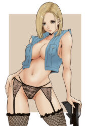 Rule 34 | 1girl, android 18, arm at side, arm support, bare arms, bare shoulders, black panties, blonde hair, blue eyes, blue vest, border, breasts, cleavage, closed mouth, collarbone, commentary request, contrapposto, dragon ball, dragonball z, expressionless, fishnet thighhighs, fishnets, forehead, garter belt, garter straps, groin, gun, lace, lace-trimmed panties, lace trim, looking at viewer, medium breasts, moriton, navel, panties, rifle, simple background, sleeveless, solo, thighhighs, topless, torn clothes, two-tone background, underwear, vest, weapon, white border