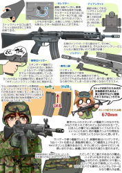 Rule 34 | 2girls, airsoft review illustrated, ammunition pouch, animal ears, assault rifle, ballistic helmet, bipod, black hair, blonde hair, brown eyes, camouflage, carbine, chibi, didloaded, glasses, goggles, gun, helmet, holding, howa, howa type 89, information sheet, iron sights, japan, japan ground self-defense force, japan self-defense force, japanese text, long gun, military, military uniform, multiple girls, original, pouch, rifle, safety glasses, text focus, translation request, type 66 helmet, uniform, vest, weapon, weapon focus, weapon profile