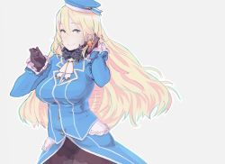 Rule 34 | 1girl, atago (kancolle), beret, black gloves, blonde hair, breasts, buttons, closed mouth, food, fruit, gloves, green eyes, grey background, hat, kantai collection, long hair, long sleeves, looking at viewer, military, military uniform, pantyhose, ribbon, simple background, smile, solo, strawberry, uniform, you (yawnmgmg)