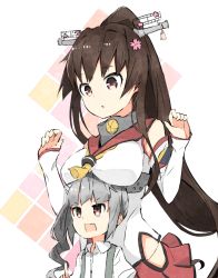 Rule 34 | 10s, 2girls, breast envy, breast rest, breasts, breasts on head, brown eyes, brown hair, flower, furrowed brow, grey hair, hair flower, hair ornament, kantai collection, kasumi (kancolle), large breasts, long hair, multiple girls, ooyama imo, open mouth, ponytail, rectangular mouth, side ponytail, suspenders, uniform, yamato (kancolle)
