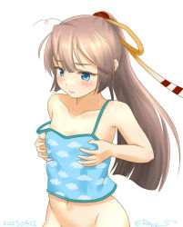 Rule 34 | 1girl, blue camisole, blue eyes, breast conscious, brown hair, camisole, collarbone, flat chest, hair ribbon, kantai collection, kazagumo (kancolle), long hair, navel, no panties, one-hour drawing challenge, out-of-frame censoring, ponytail, ray.s, ribbon, simple background, solo, strap slip, white background