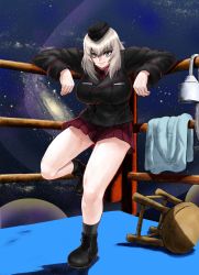 Rule 34 | 1girl, absurdres, ankle boots, black footwear, black hat, black jacket, black socks, blue eyes, boots, bougainvillea (unnryuu), boxing ring, closed mouth, commentary request, dress shirt, frown, galaxy, garrison cap, girls und panzer, hat, highres, itsumi erika, jacket, kuromorimine military uniform, leaning back, leg up, long sleeves, looking at viewer, medium hair, military, military hat, military uniform, miniskirt, pleated skirt, red shirt, red skirt, shirt, silver hair, skirt, sky, socks, solo, standing, standing on one leg, star (sky), starry sky, stool, towel, uniform, v-shaped eyebrows, wing collar