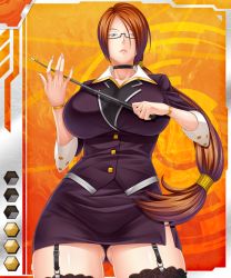 Rule 34 | 00s, 1girl, bracelet, breasts, brown hair, card (hr), card (medium), card (orange-hr), choker, female focus, garter straps, glasses, holding, jewelry, large breasts, lilith-soft, long hair, looking at viewer, nobushito kuro, pointer, ponytail, rosa hamilton, solo, taimanin (series), taimanin asagi, taimanin asagi battle arena all card gallery, taimanin asagi kessen arena, thighhighs, uniform, very long hair