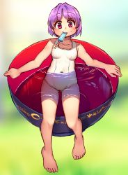 Rule 34 | 1girl, bad id, bad pixiv id, barefoot, blush, bowl, covered navel, food, full body, gradient background, hatimitu-x, highres, in bowl, in container, looking at viewer, mouth hold, one-piece swimsuit, partially submerged, popsicle, purple hair, red eyes, short hair, sitting, solo, sukuna shinmyoumaru, sweat, swimsuit, touhou