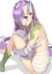 Rule 34 | 1girl, :d, absurdres, bandages, bandage over one eye, bow, breasts, choker, cleavage, fate/grand order, fate (series), full body, hair bow, highres, kanzarin, kingprotea (fate), long hair, looking at viewer, medium breasts, moss, open mouth, purple eyes, purple hair, shadow, simple background, sitting, smile, solo, white background, white bow, white neckwear
